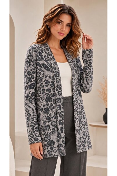MELA ROSSA Cardigan lung de bază din țesătură moale cu imprimeu leopard gri p...