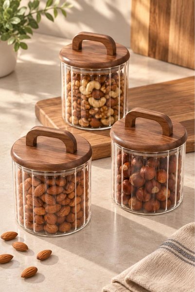 Atbyhome 3'lü Akasya Kulplu Çizgili Cam Erzak Kavanozu 650 ml - Vakumlu Baharat Ve Kuruyemiş Saklama Kabı Seti