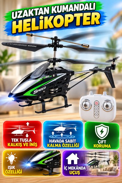 hak-iş oyuncak Uzaktan Kumandalı Şarjlı Işıklı Helikopter Yeşil – Havada Sabi...