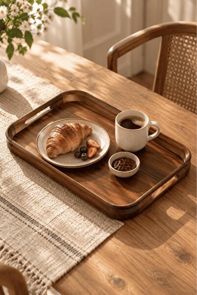 Atbyhome Akasya Kulplu Servis Tepsisi 42x28x4 cm - Büyük Boy Dikdörtgen Kahvaltı Ve Kahve Sunum Tepsisi