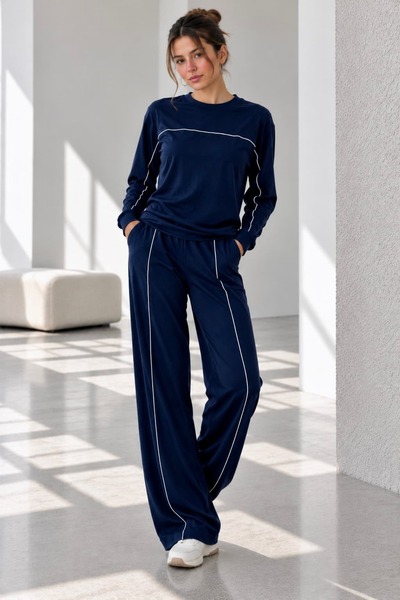 bb butik basic Women's Piping Detailed Long Sleeve Wide Leg Two-Piece Tracksu...