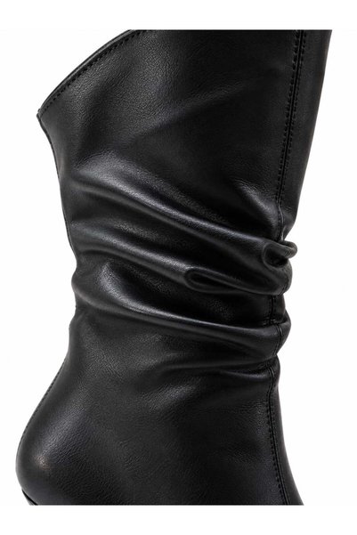 solebydilhan Women's Black Pointed Toe Thick Heeled Long Boots