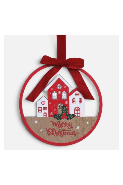 OEM Ornament Brad de Crăciun din Lemn cu Casute Fundita Catifelata "Merry Chr...