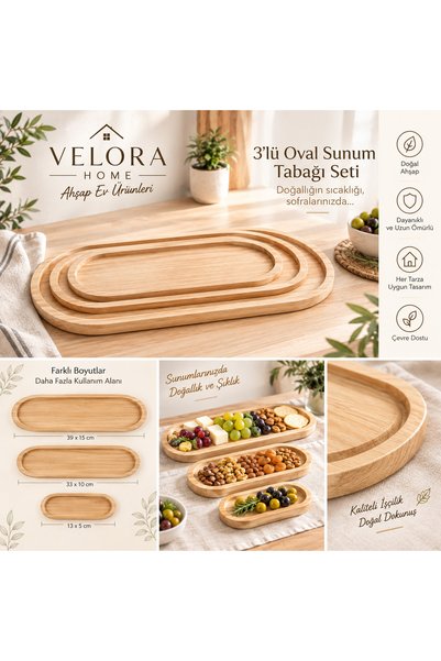 VELORA 3'lü Ahşap Oval Sunum Tabağı Seti 33x10 cm, 39x15 cm ve 13x5 cm Mutfak...