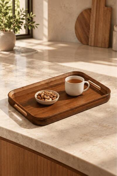 Atbyhome Akasya Kulplu Servis Tepsisi 42x28x4 cm - Büyük Boy Dikdörtgen Kahvaltı Ve Kahve Sunum Tepsisi
