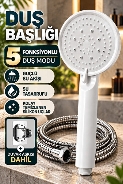 SUVİA Duş Başlığı Duş Seti 5 Fonksiyonlu Yüksek Basınçlı Beyaz Çelik Örgülü H...