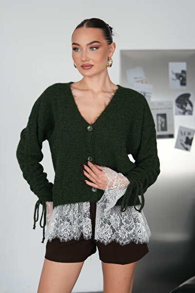 Moda Palmiss Cardigan de damă cu dantelă, cu decolteu în V și șireturi