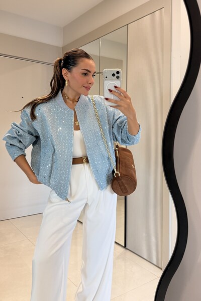 Gizem Ecemiş Rebecca Mavi Payetli Fermuarlı Ceket