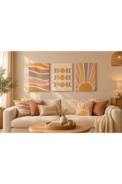 ROOMEA 3'lü Bohem Canvas Tablo Seti 50x70 cm – Soyut Güneş ve Geometrik Desen...