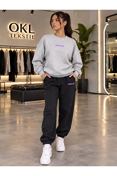 OKL TEKSTIL Set unisex premium oversize cu imprimeu AMOUR MOR, compus din han...