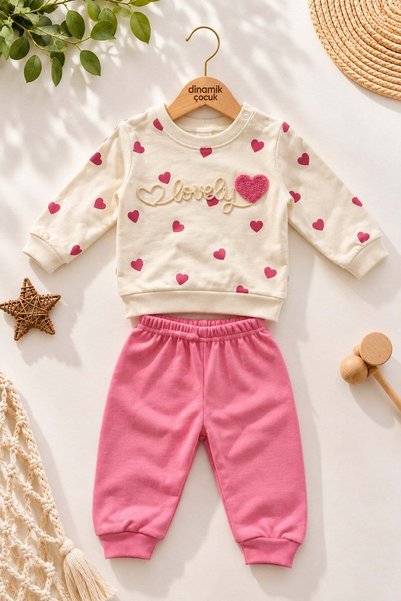 dinamik çocuk Baby girl heart patterned lovely embroidered 2-piece bottom top...