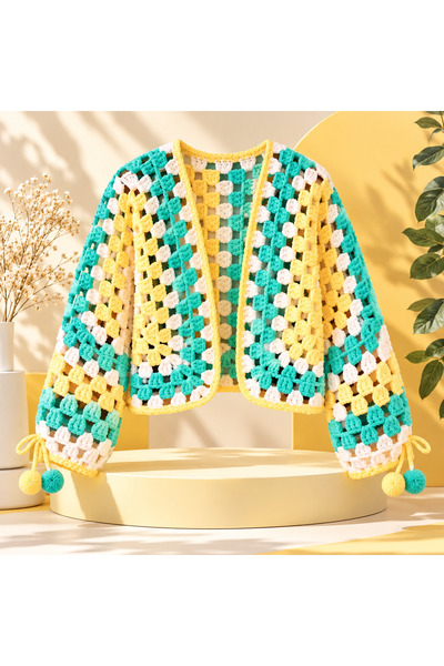 casa nexa Hand Knitted Puffy Granny Square Women's Cardigan – Mint Green Yellow Ecru Bohemian Oversize Pompom Detailed S/M