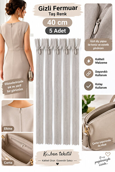 Kezban Tekstil Fermoar ascuns 40 cm 5 bucăți culoare piatră pentru rochie/geantă