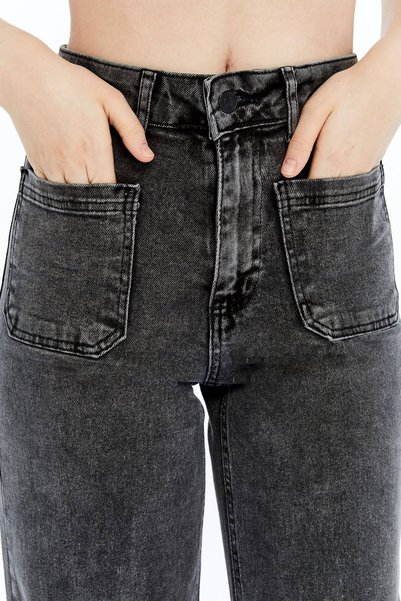 ELCİDO Kadın Füme Yüksek Bel Geniş Paça Likralı Jean Pantolon - Önü Cepli Wide Leg Jean