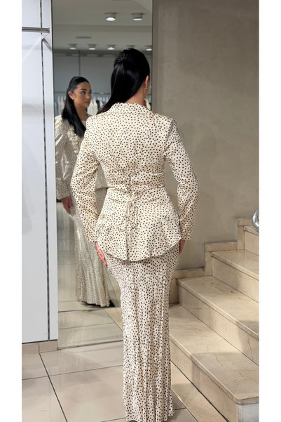 DAWN LİNE Women's 3-Piece Brooched Polka Dot Jacket Skirt Set - Back-Adjustable Jacket, Long Fish Skirt, and Blouse-Fitted Jacket