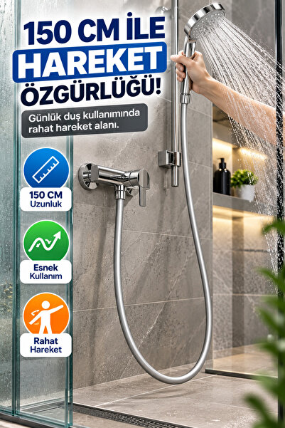 OpenCity 150 Cm Gri PVC Duş Hortumu Esnek Banyo Duş Başlığı Hortumu Metal Bağlantılı Pratik Kullanım Tek Adet