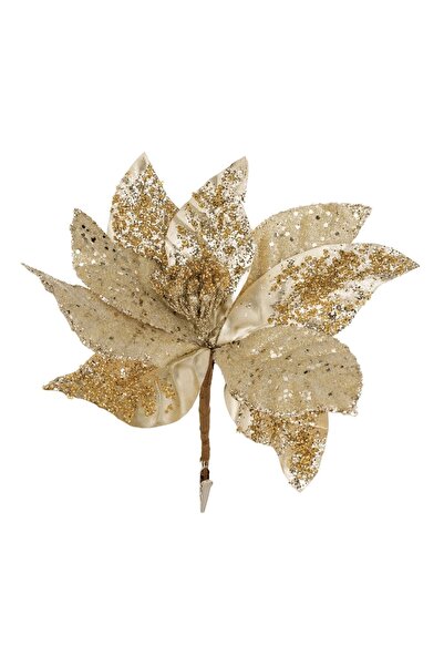 OEM Floare Decorativa de Crăciun Aurie Bej cu Glitter și Clips 26 cm – Atmosf...
