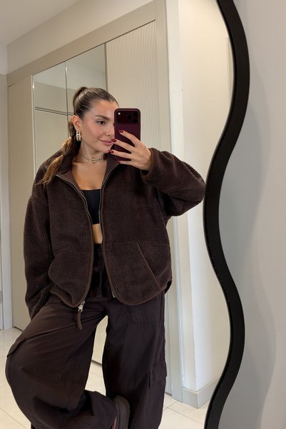 Gizem Ecemiş Eliana Kahve Teddy Fermuarlı Sweat
