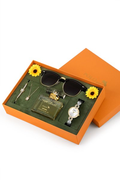 Poloair Vintage Kadın Kol Saati 55 Ml Parfüm Uv400 Korumalı Güneş Gözlüğü Zirkon Taşlı Kolye Bileklik Özel Çiçekli Hediye Seti Gold Gümüş Renk ST-2249S3