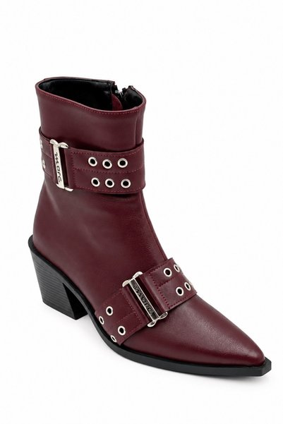 İX Marc Women's Burgundy Block Heeled Boots with Buckle Detail 6.5 cm Heel