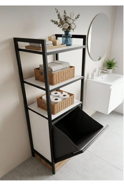 Kiba Home Metal Ahşap Banyo Rafı Düzenleyici Çamaşır Kirli Sepeti Dolabı Rafı