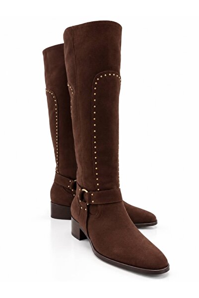Lizy Shoes Cizme de damă sub genunchi, cu toc scurt de 3 cm, cu ținte aurii, ...
