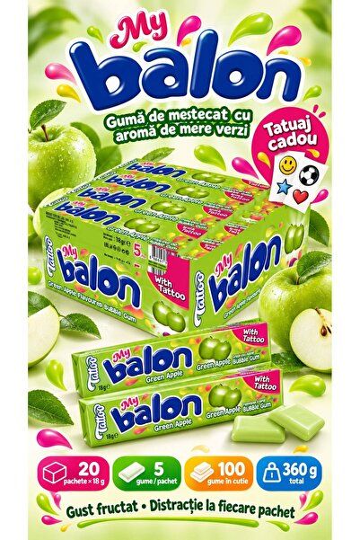 Mybalon MY BALON – Gumă de mestecat cu aromă de mere verzi și tatuaj cadou, 2...
