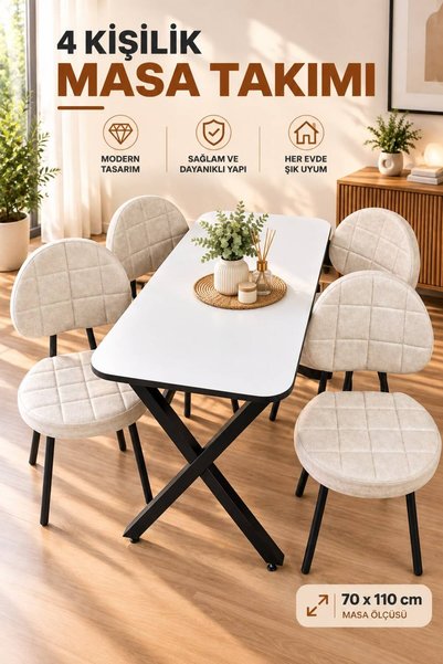 BAMBEDS MOBİLYA 4 Kişilik Mutfak Masa Sandalye Takımı 70x110 - Siyah Yemek Ma...