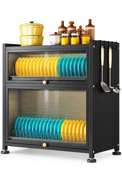 GENERAL 2-Tier Metal Kitchen Storage Rack with Cabinet – Black Countertop Org...