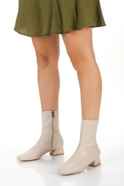 ForYou4 Short Heel 3 cm Daily Women's Stretch Heeled Boots with Blunt Toe and Zipper, Flexible