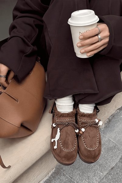 SHOEBELLAS Lopito Bitter Brown Women's Fluffy Boots with Rope Buckle Detail