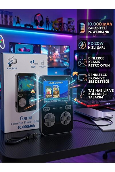 PALEON 10.000 mAh Kapasiteli Powerbank ve Retro Oyun Konsolu (2'si 1 Arada) - PD 20W Hızlı Şarj - Renkli Ekranlı