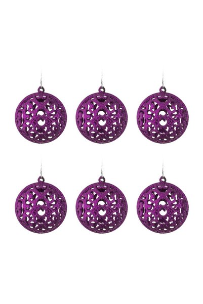OEM Set Globuri de Crăciun Mov cu Model Perforat și Glitter Ø8 cm – 6 buc. – ...