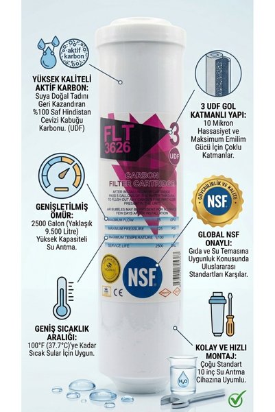 HD VERA FLT 3626 10 İnç UDF Aktif Karbon Su Arıtma Filtresi - NSF Onaylı 3. A...