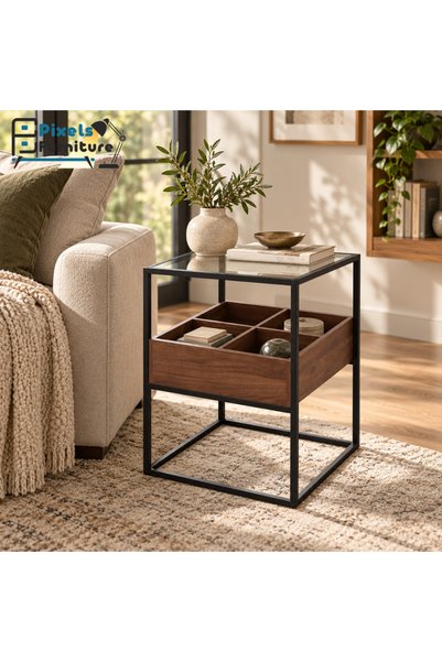 PixelsFurniture Bekas Furniture Transparent Glass Top and Divided Wooden Shel...