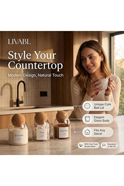 Livabliss مجموعة علب الشاي والقهوة والسكر من ليفابل - طقم من 3 برطمانات زجاجية فريدة بسعة 500 مل مع أغطية من الفلين - مثالية للسكر