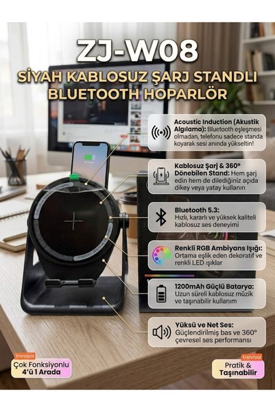 Genel Markalar ZJ-W08 4'ü 1 Arada Kablosuz Şarj Standı & Bluetooth Hoparlör -...