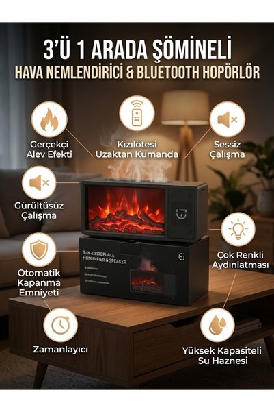 3'ü 1 Arada Şömine Efektli Hava Nemlendirici, Bluetooth Hoparlör ve Aromaterapi Difüzörü