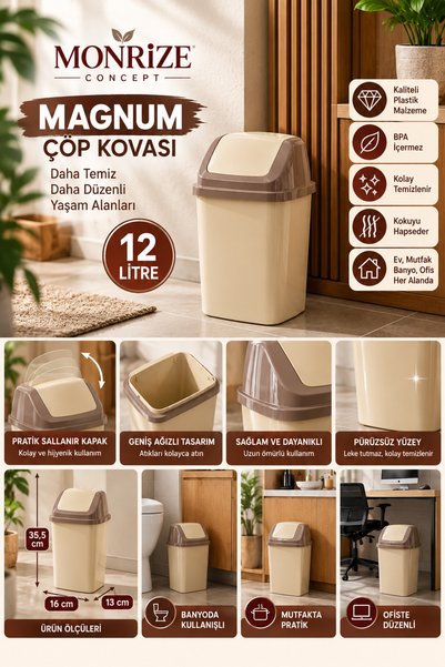 Monrize Concept Magnum 12 Litre Sallanır Kapaklı Çöp Kovası Dar Alanlara Uygu...