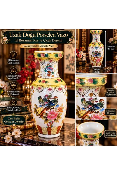 Atak Hediyelik Uzak Doğu Porselen Vazo Kuş ve Çiçek Desenli Sarı Gold Detaylı...