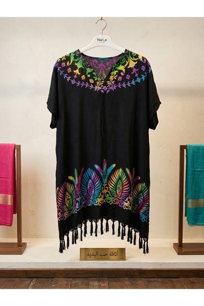 onliecraft Black Colorful Authentic Patterned and Tasseled Women's Tunic / Dress
