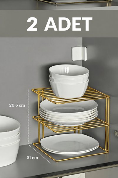 Edora Home 2'li Parlak Altın 3 Katlı Metal Dolap İçi Düzenleyici Raf, Tabak, ...