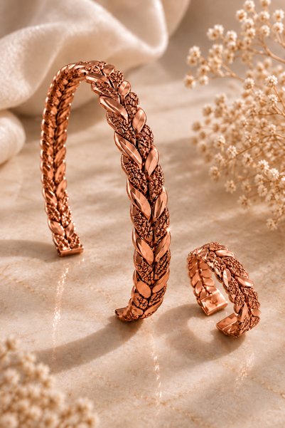 İyyaKee Leaf Patterned Women's Copper Bracelet and Ring Authentic Handcrafted...