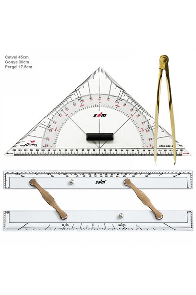 SomayStore Tekne Navigasyon Kiti, 3'lü Set Cetvel - Gönye - Sarı Kör Pergel