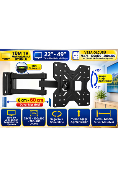 Eranura 22"-49" Akrobat Televizyon Askısı,Monitör,LCD,Tv İçin Haraketli Oynar...