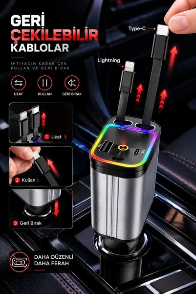 ROBEVE ACL ACC-01 66W Hızlı Şarj Araç Şarj Cihazı 4’ü 1 Arada, Geri Çekilebilir Type-C ve Lightning Kablolu, USB ve USB-C Çıkışlı RGB Işıklı Starlight Yıldızlı Tavan Projektörlü Araç Şarj Aleti