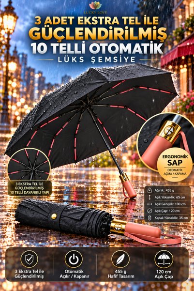 Lucky Love Ekstra Güçlendirilmiş 10 TelliLüks Otomatik Şemsiye Rüzgara Dayanı...