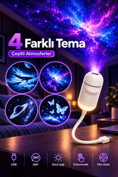 Tinytek USB Galaksi Projektör Gece Lambası 4 Film Diskli 360° Ayarlanabilir L...