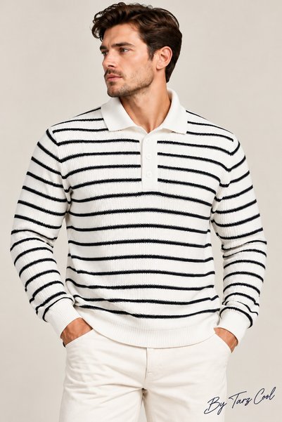 COOL TARZ Erkek Çizgili Polo Yaka Triko Kazak Slim Fit Uzun Kollu Pamuk Akril...