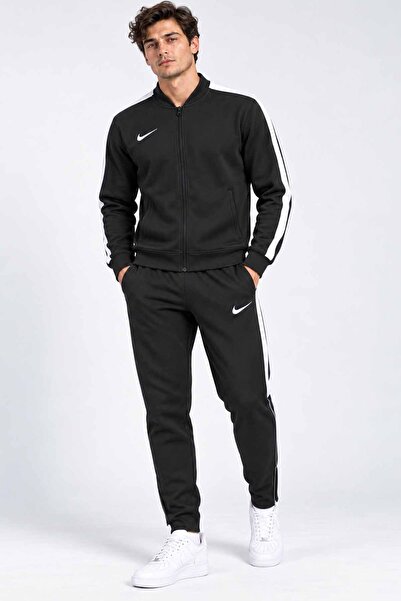 Nike Erkek Siyah Eşofman Takımı Fermuarlı Üst Beyaz Şeritli Fermuarlı Paça Sp...